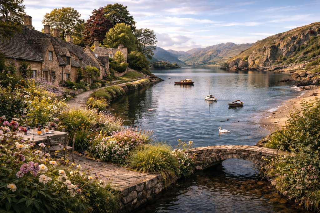 Tranquil lakeside village at dusk