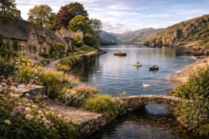 Tranquil lakeside village at dusk